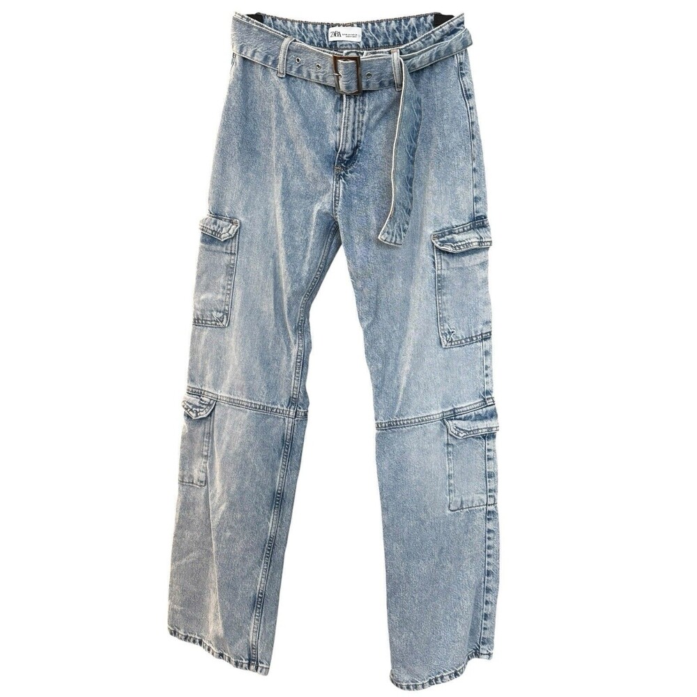 Zara Women's Light Blue Denim Belted Cargo Jeans SZ 4 - Picture 8 of 14